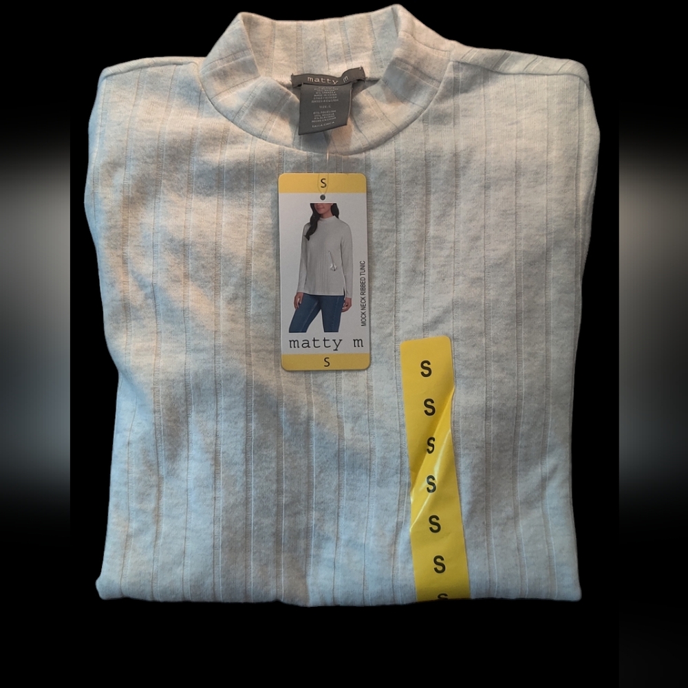 Matty M Women's Mock Neck Ribbed Tunic Top Sweater, Heather Pearl Gray Small